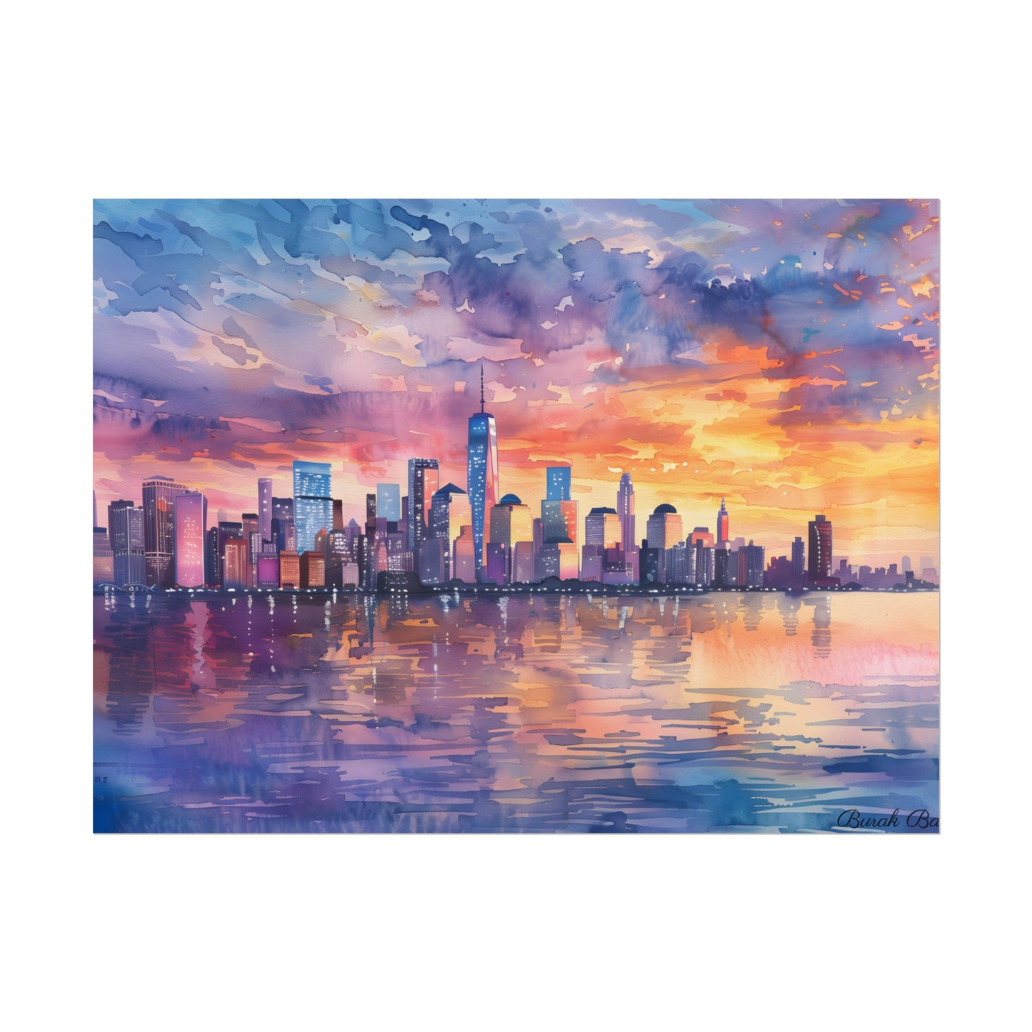 Serene NYC Sunset: Watercolor Skyline Reflections - Poster
