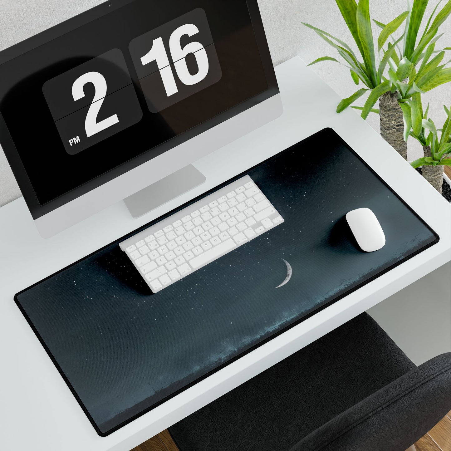 Minimalist Night Tree: Soft Lighting in Blue-Gray Skies - Desk Mat