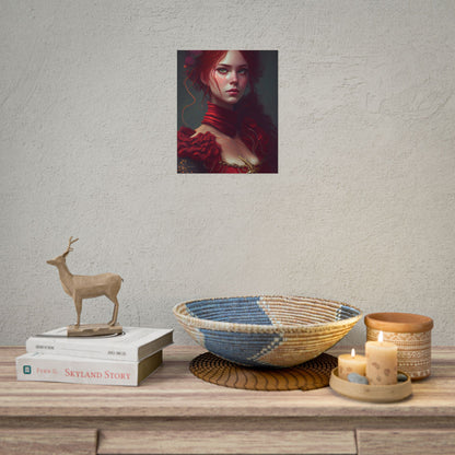 Vibrant Redhead Portrait: Female Artwork in Red Dress - Poster
