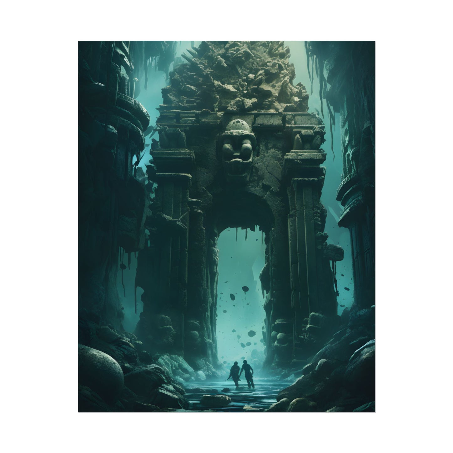Lost Underwater Ancient City: Mysterious Blue Hues Art - Poster