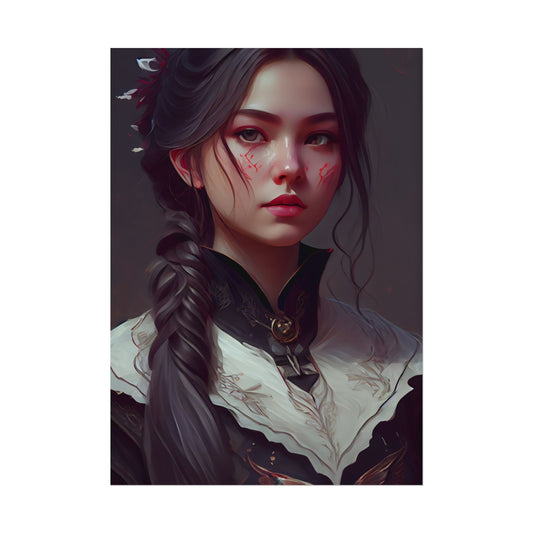 Realistic Female Portrait in Black Hair and Dress - Poster