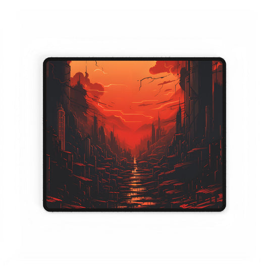 Cyberpunk City Nights: Burning Skyscrapers Digital Art - Desk Mat