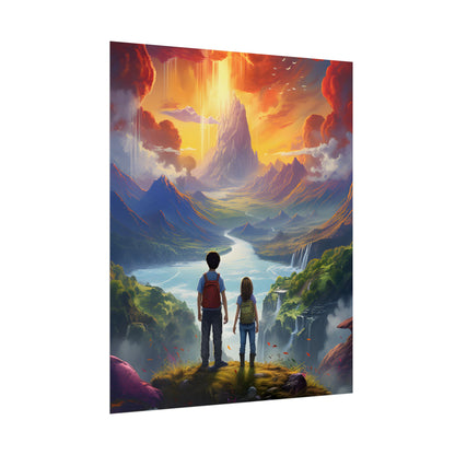 Girl, Boy, Meadow: A Peaceful Cloudy Day Artwork - Poster