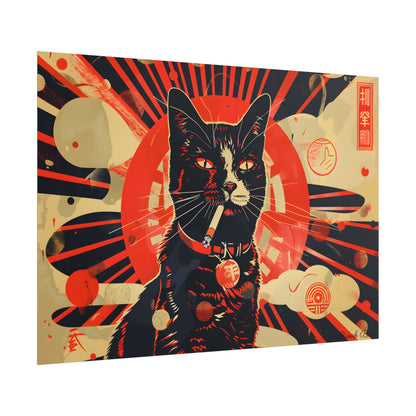 Vintage Whimsy: Cat Smokes Cigarette on Blue Background - Poster
