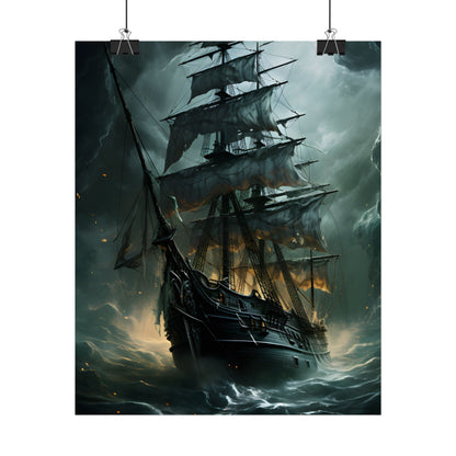 Ghostly Pirate Ship: Sailing Solo in Eerie Blue Skies - Poster