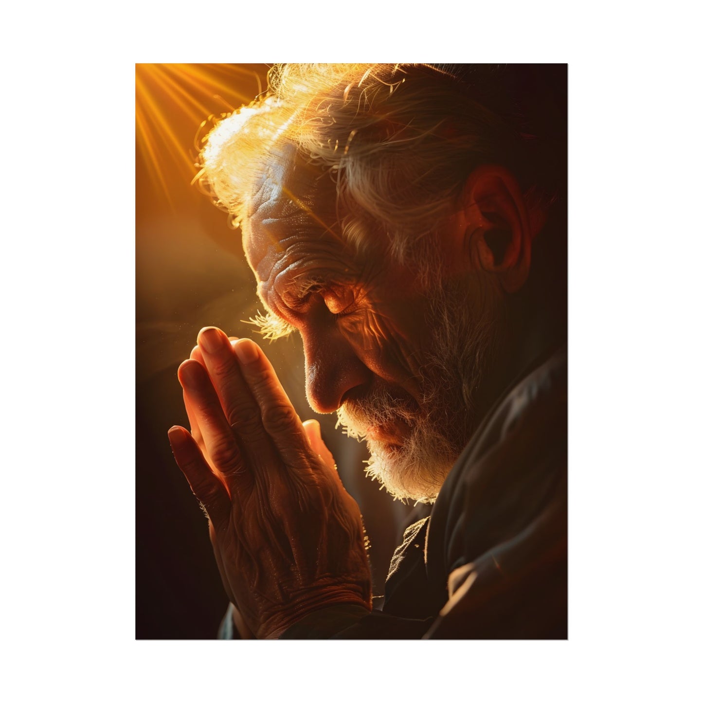 Serenity in Prayer: Elderly Man's Quiet Moment - Poster