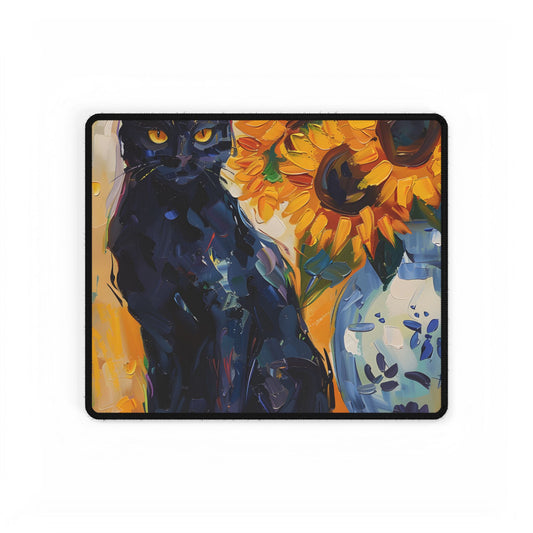 Whiskers by Sunshine: Black Cat in a Blooming Garden - Desk Mat