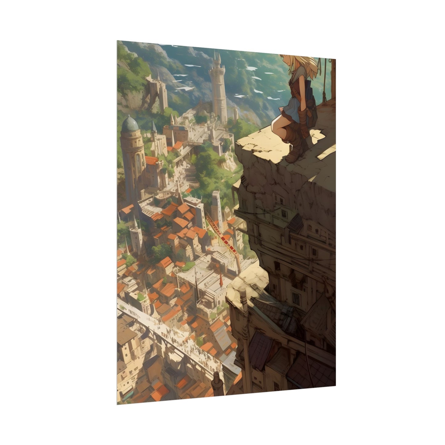 Dramatic Anime Bird's Eye View: Blonde Female in Action with Flying Birds - Poster