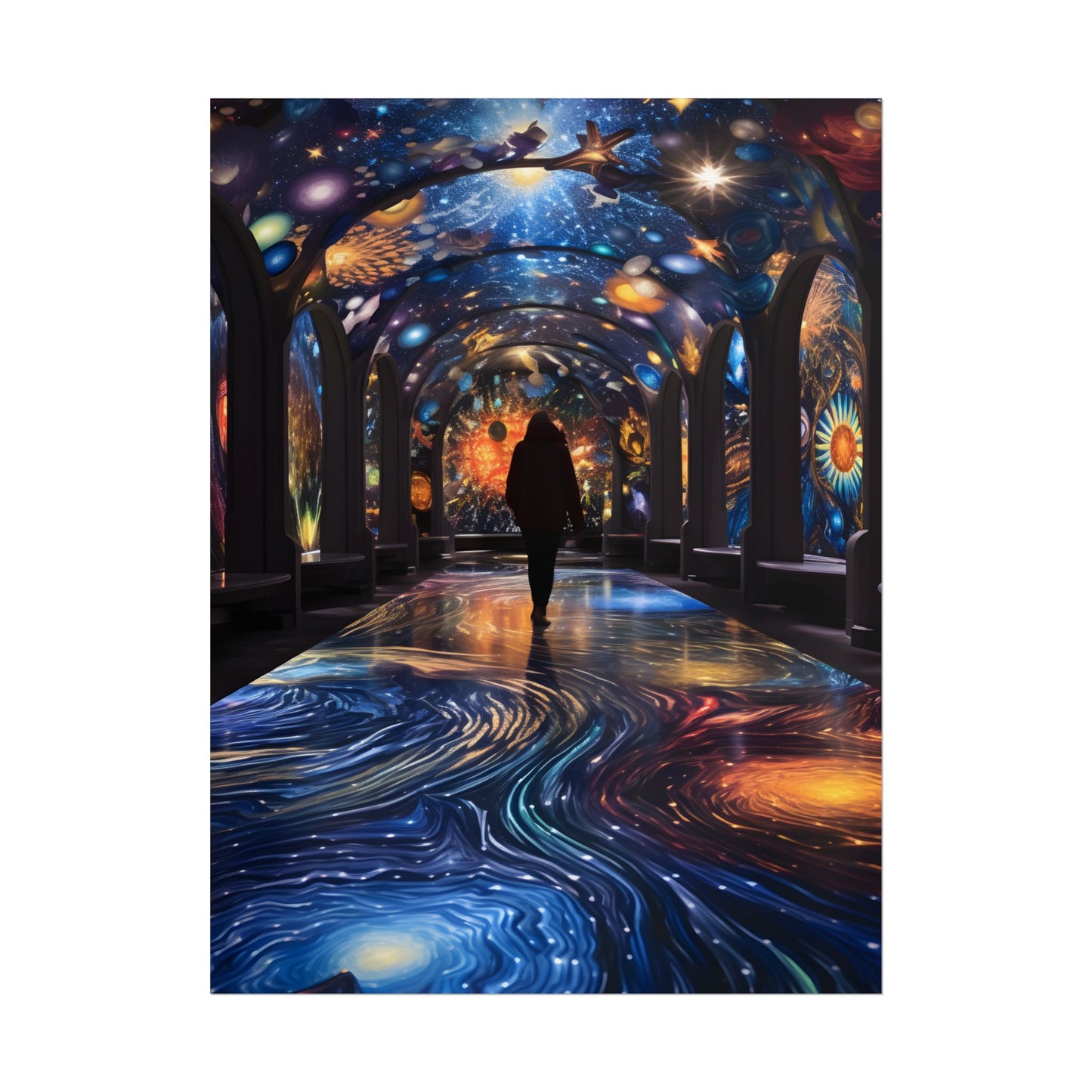 Celestial Art Gallery: Vibrant Space-Themed Artwork in a Colorful Interior - Poster