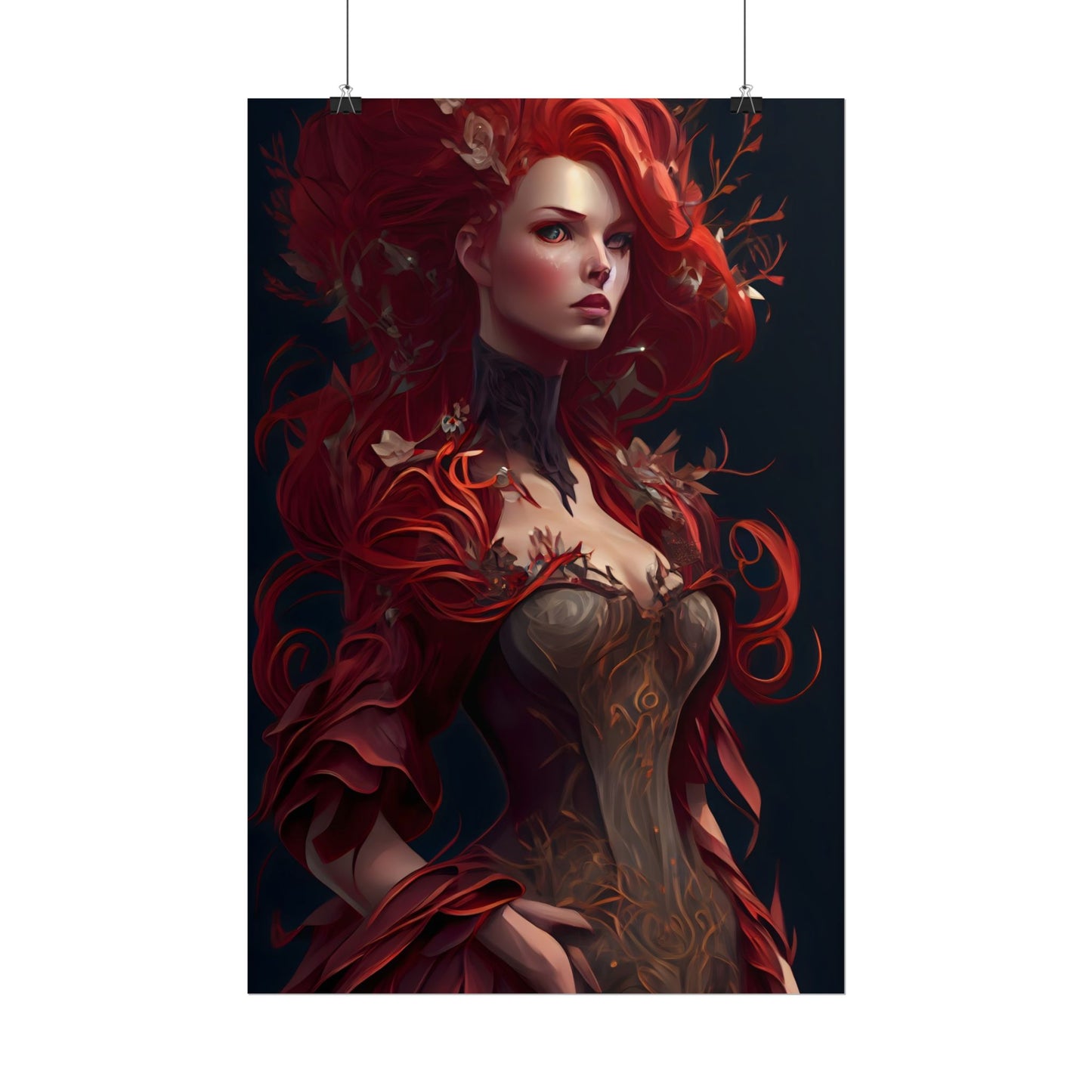 Red Hair Portrait: Elegant Female in Black Dress - Poster