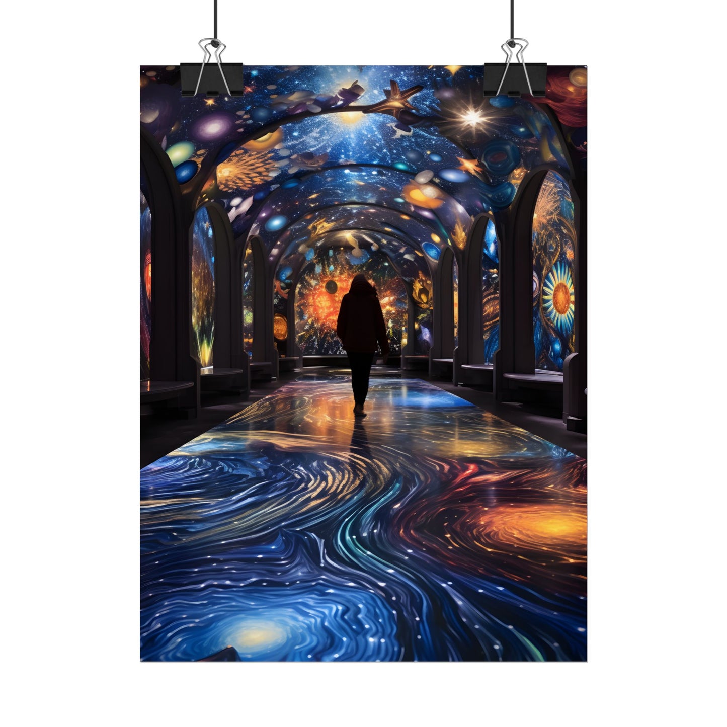 Celestial Art Gallery: Vibrant Space-Themed Artwork in a Colorful Interior - Poster