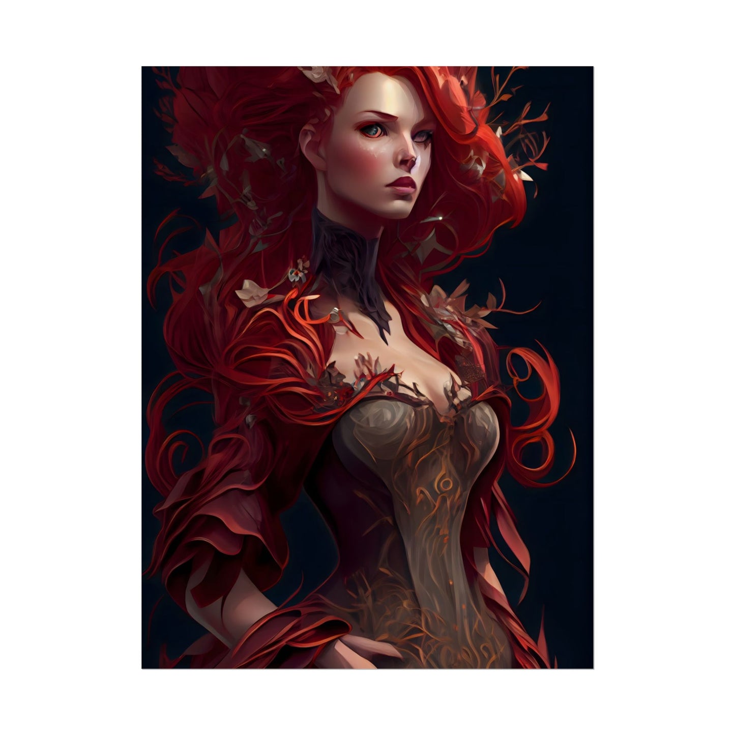 Red Hair Portrait: Elegant Female in Black Dress - Poster