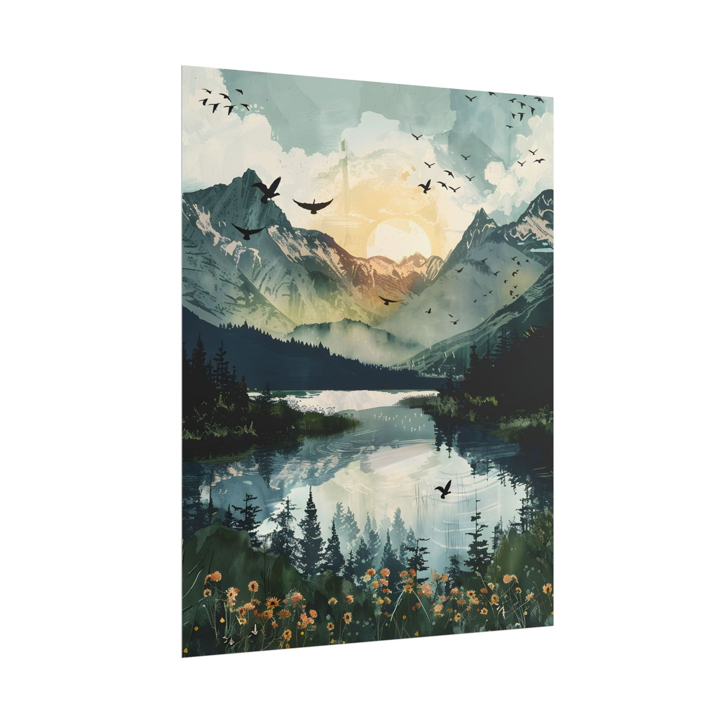 Serene Mountain Lake: Birds in Flight - Natural Art - Poster