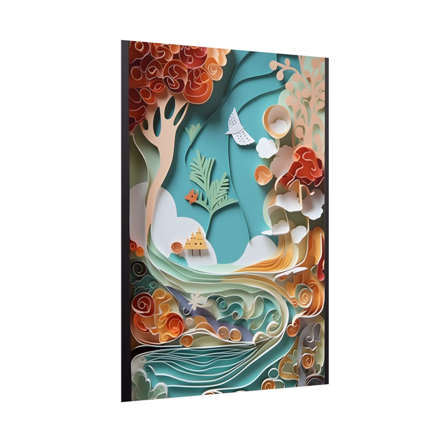Paper Quilled Beach Sunset: Calming Beach Landscape Artwork - Poster