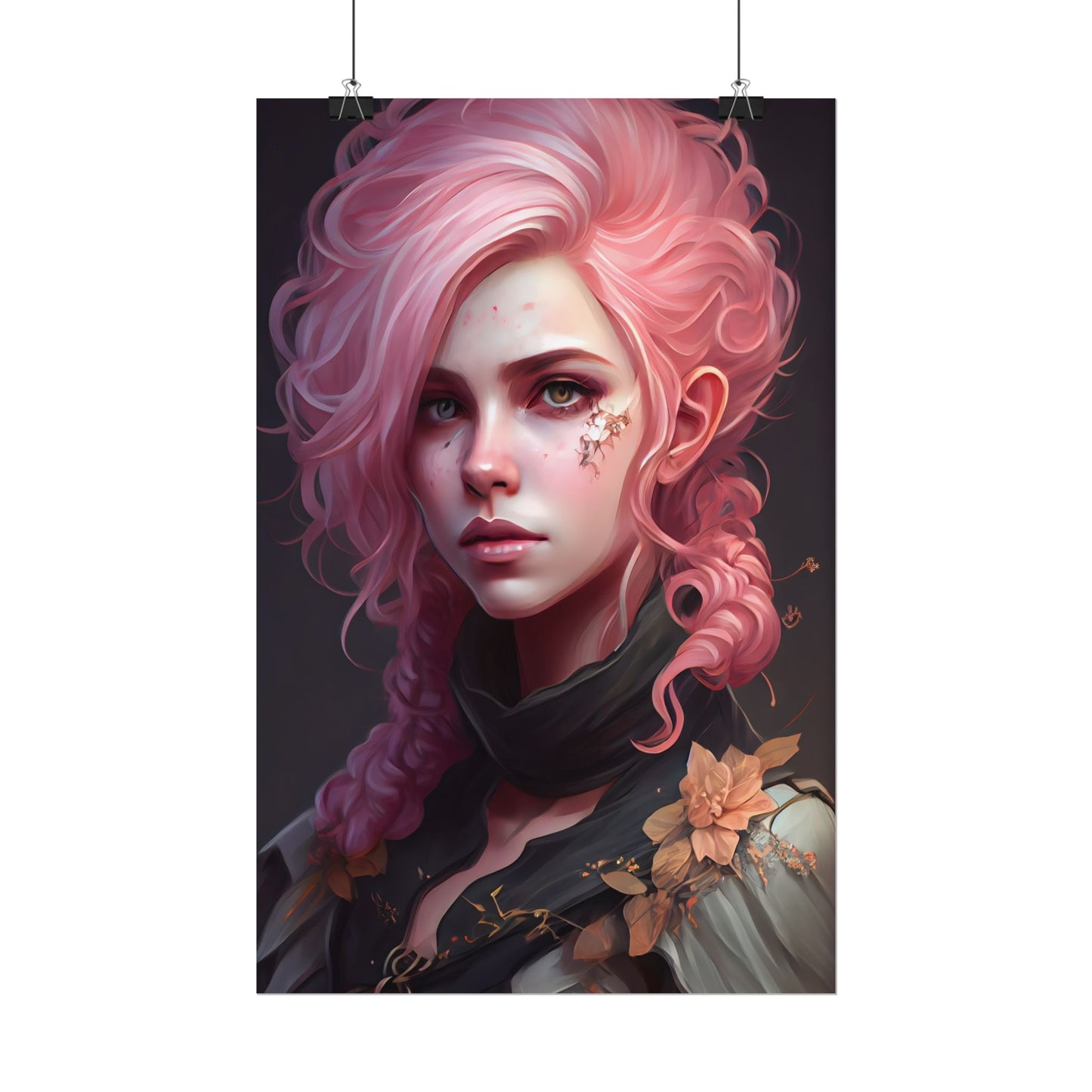 Astonishing Female Portrait: Vibrant Pink Hair in Dark Elegance - Poster