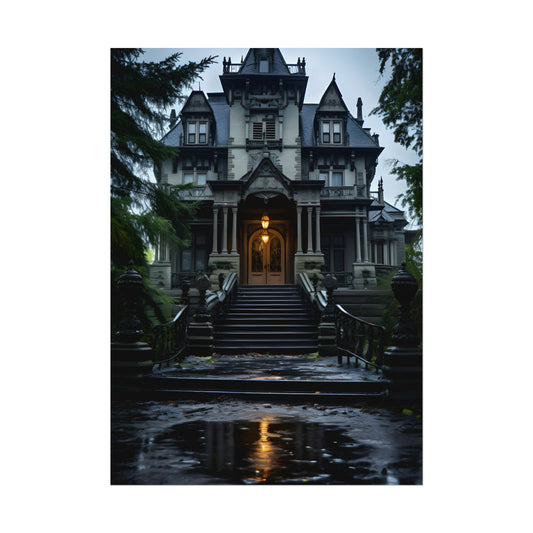 Haunted Victorian Mansion: Atmospheric Nighttime Scene Art - Poster