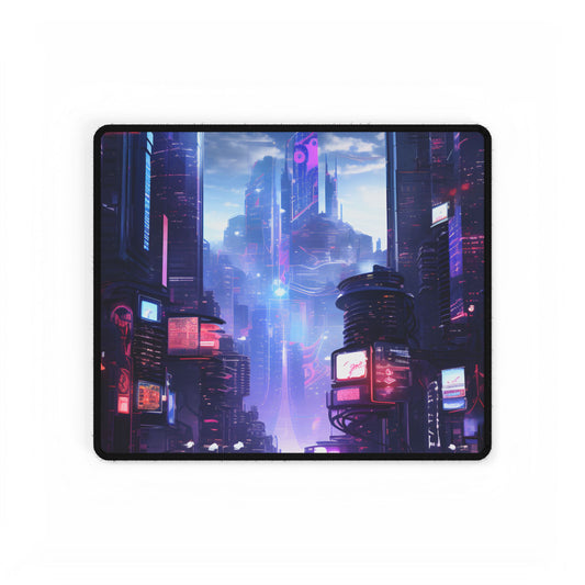Cyberpunk Dystopia: Neon Cityscape Digital Art - Desk Mat