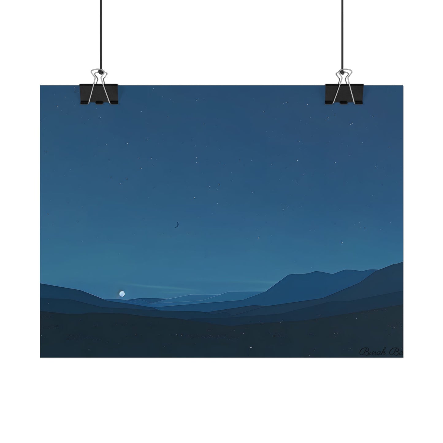 Minimalist Night Sky: Stars and Crescent Moon Art - Poster