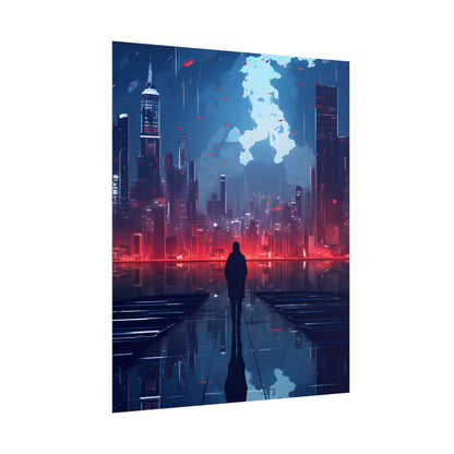 Cyberpunk Night Cityscape: A Melancholic Moment - Poster