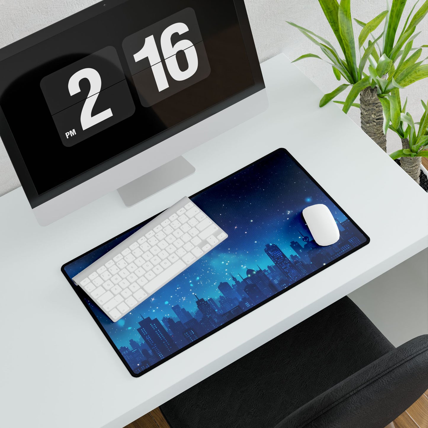 Peaceful Night Sky with Crescent Moon: Starry Digital Art - Desk Mat