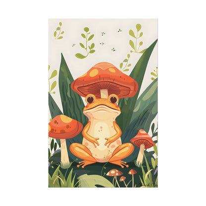 Retro Whimsy: Frog & Mushrooms in Close-Up Charm - Poster