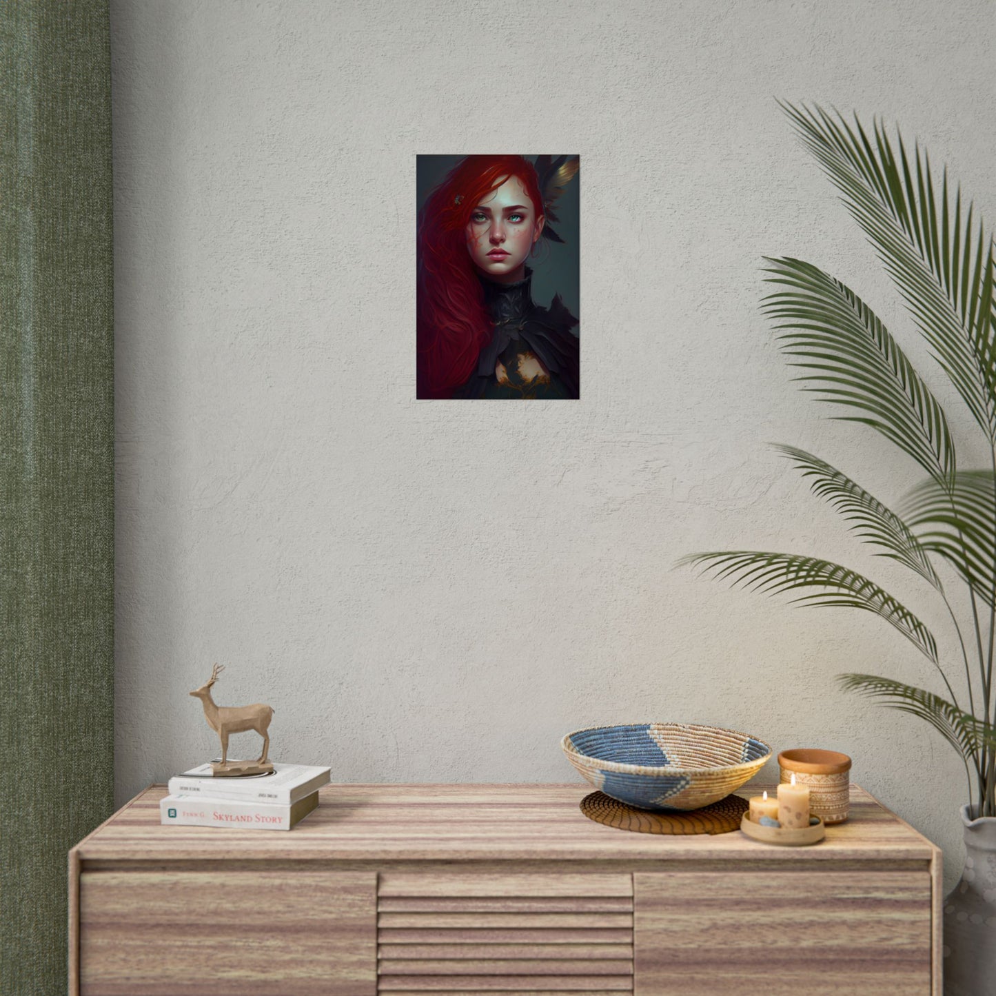 Vibrant Female Portrait: Red Hair Beauty in Neutral Dress - Poster