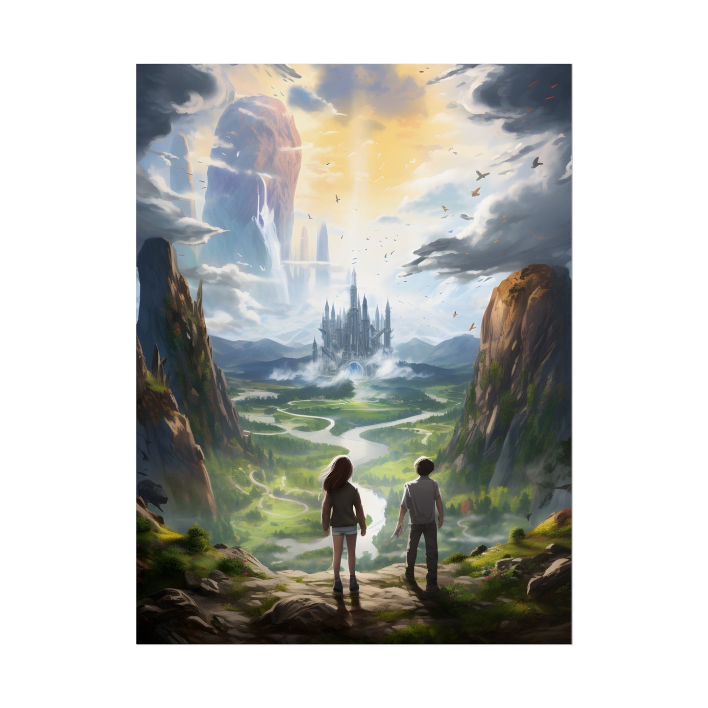 Girl and Boy in Serene Meadow: A Moment on Cloudy Hill - Poster