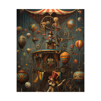 Whimsical Clockwork Circus: Fantastical Wooden Horse in Steampunk Dreamscape - Poster