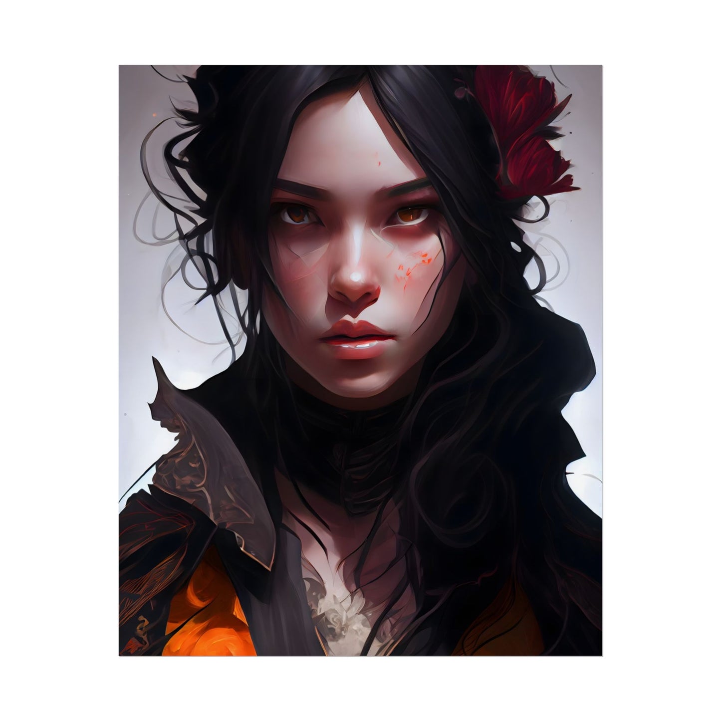 Black Hair Female Portrait: Elegant Dress Artwork - Poster