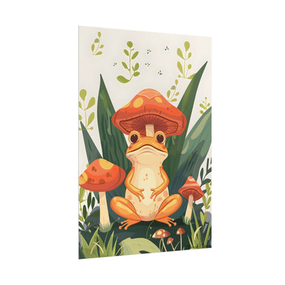 Retro Whimsy: Frog & Mushrooms in Close-Up Charm - Poster