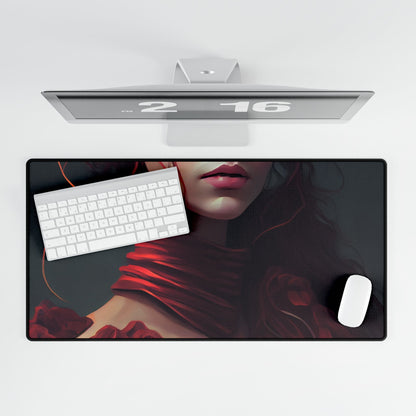Vibrant Redhead Portrait: Female Artwork in Red Dress - Desk Mat