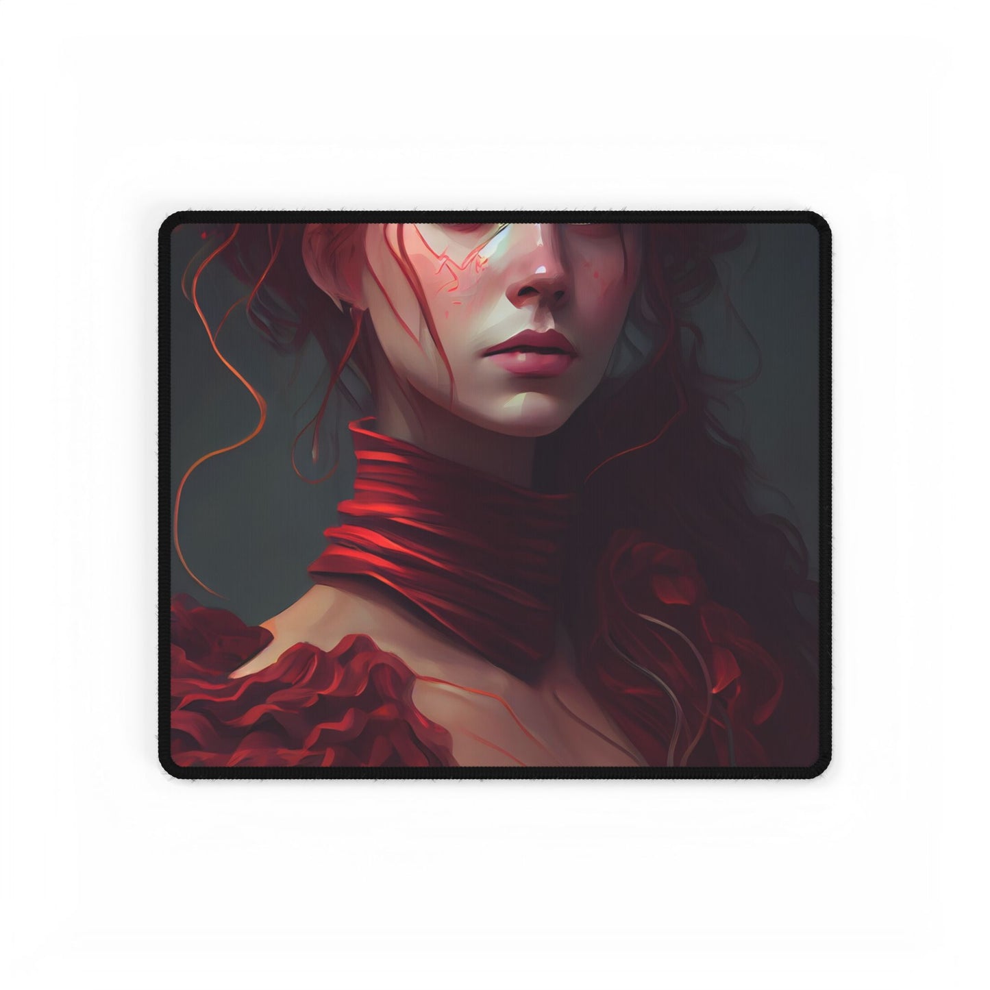Vibrant Redhead Portrait: Female Artwork in Red Dress - Desk Mat
