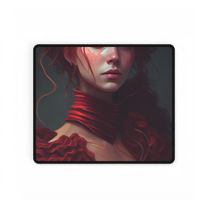 Vibrant Redhead Portrait: Female Artwork in Red Dress - Desk Mat