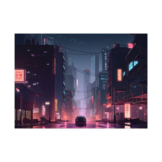 Cyberpunk Night: Melancholic Urban Landscape Artwork - Poster