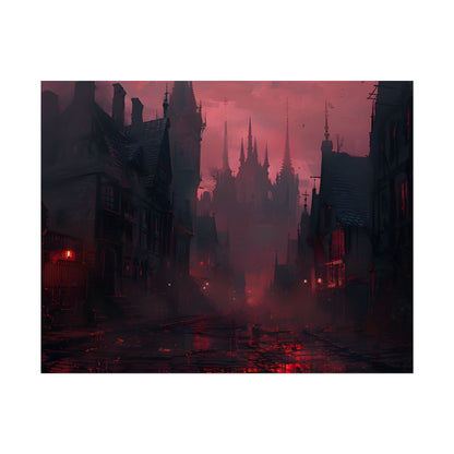 Dark Gothic Cityscape: A Serene Misty Dusk Scene - Poster