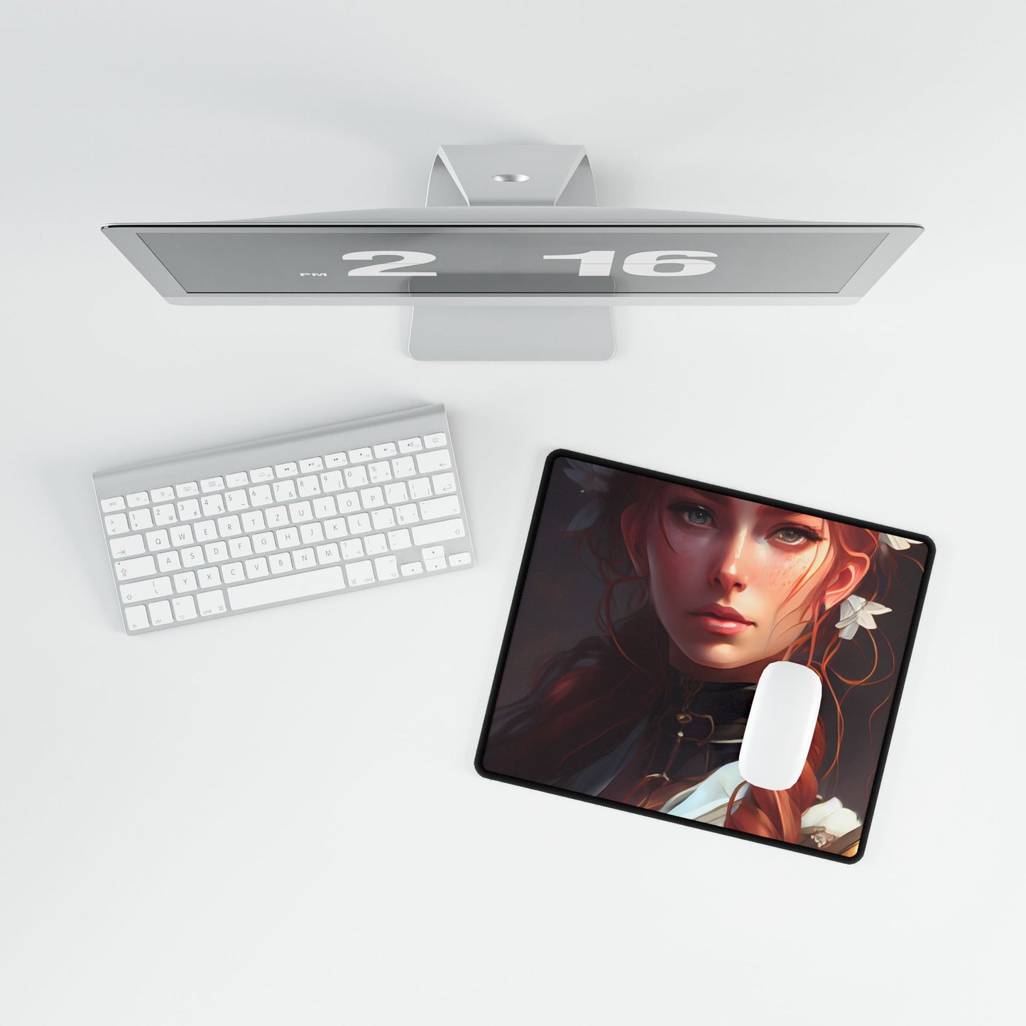 Elegant Redhead Portrait: Dark Background Artwork - Desk Mat