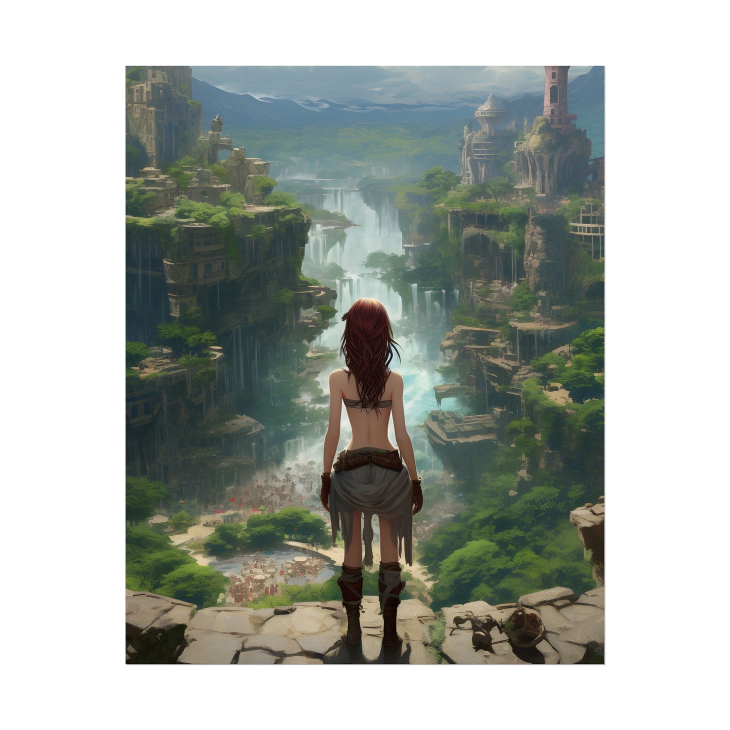 Dramatic Birds Eye View: Red Haired Anime Girl in Urban Landscape - Poster