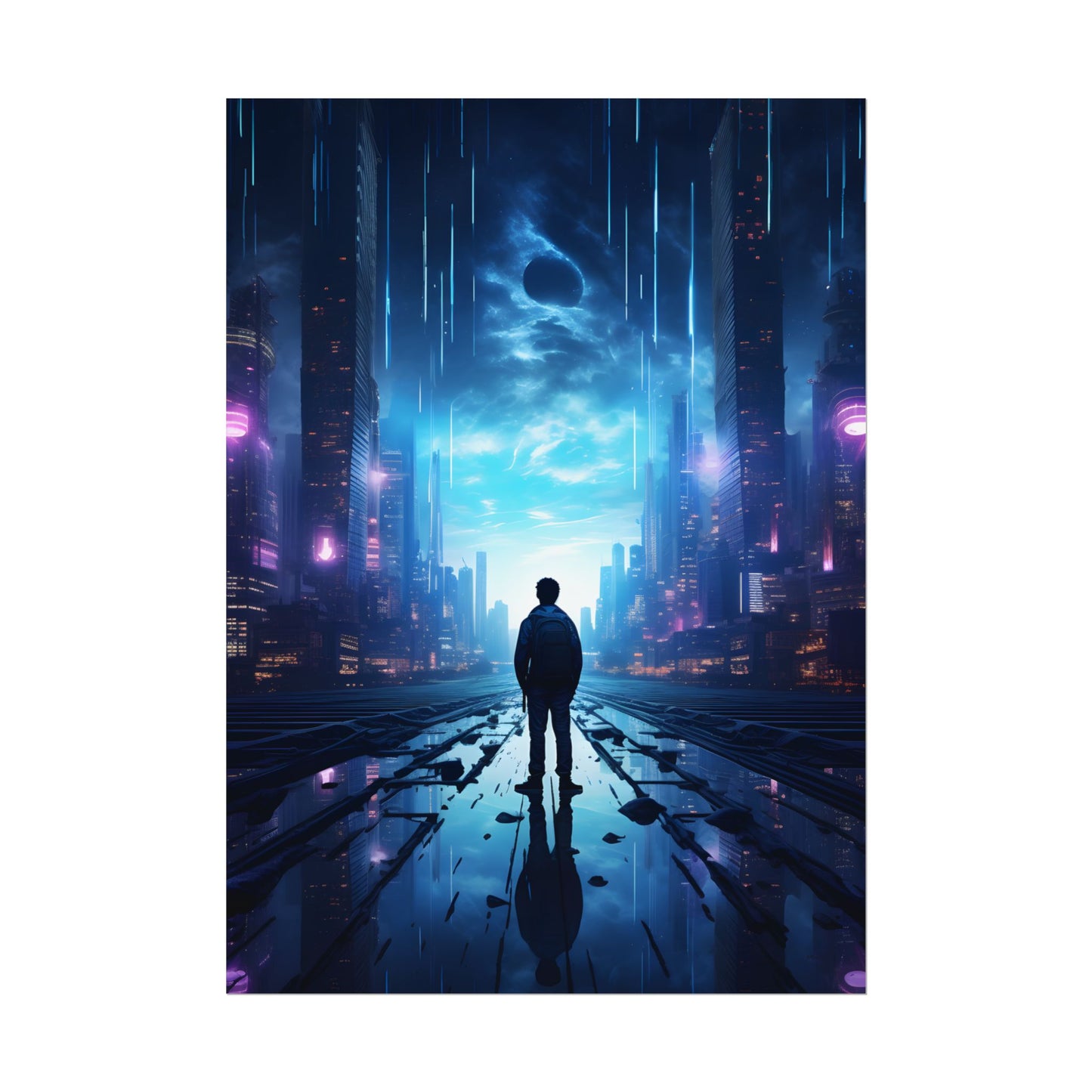 Cyberpunk Cityscape at Night: Melancholic Landscape Digital Art - Poster