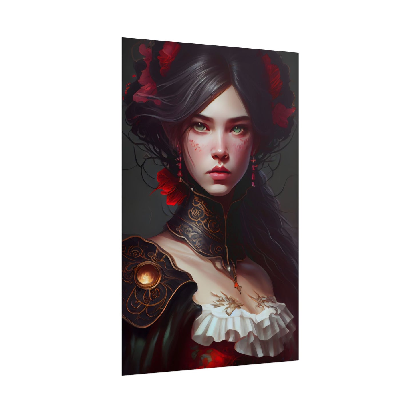 Elegant Black Hair Portrait in White Dress - Poster
