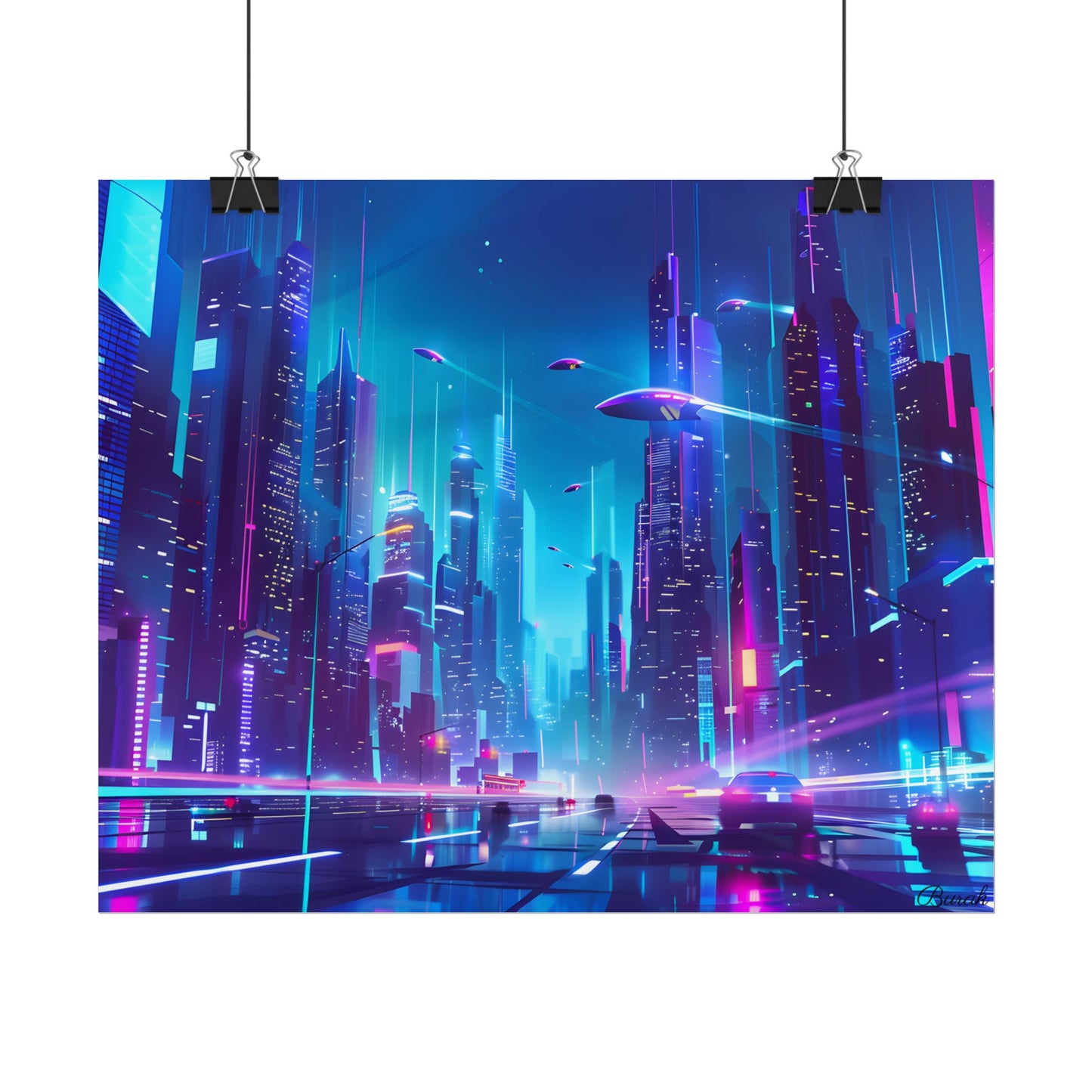Futuristic Neon City: Towering Skyscrapers in a Vibrant Nighttime Sky - Poster