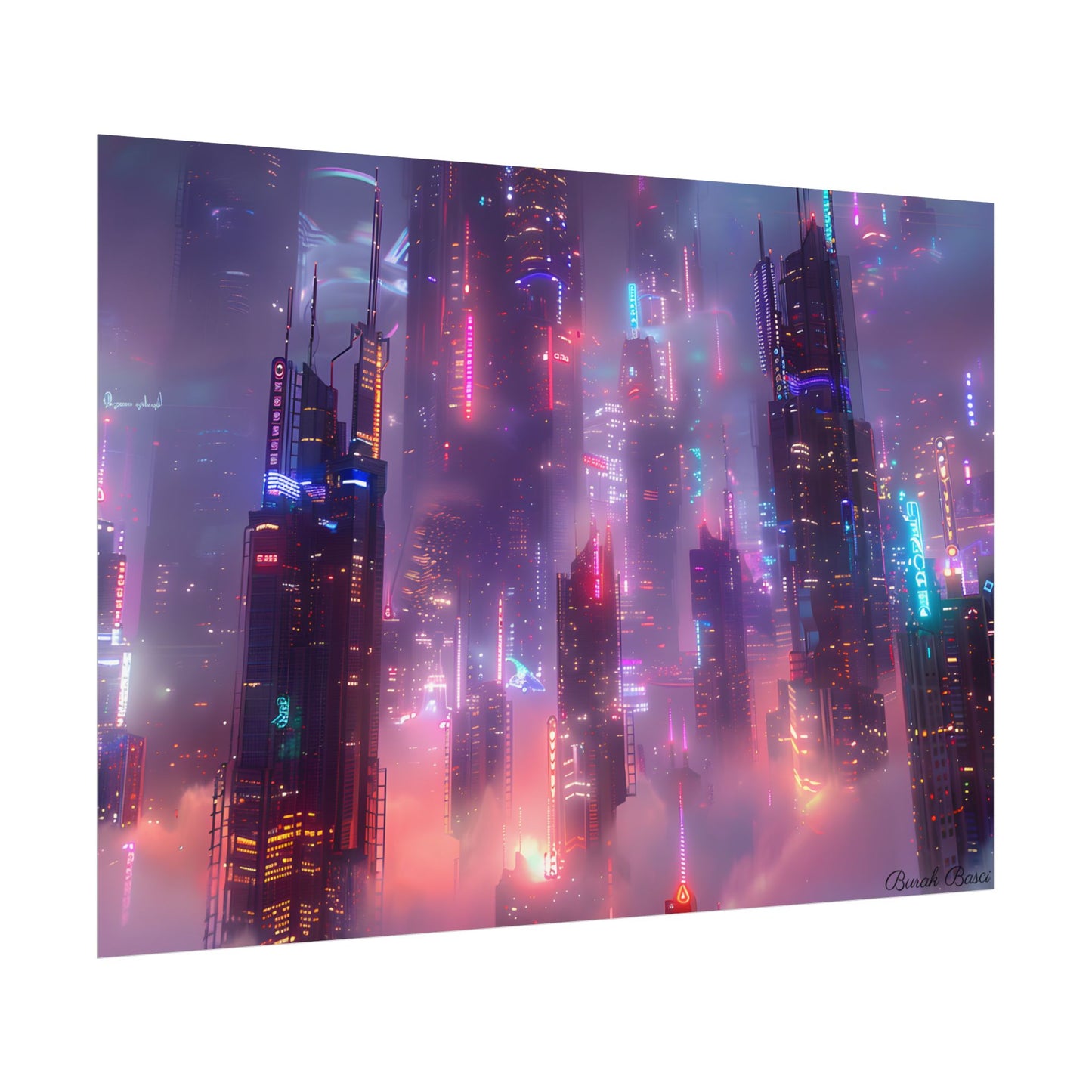 Neon Futuristic Cityscape: Graphic Modern Art - Poster