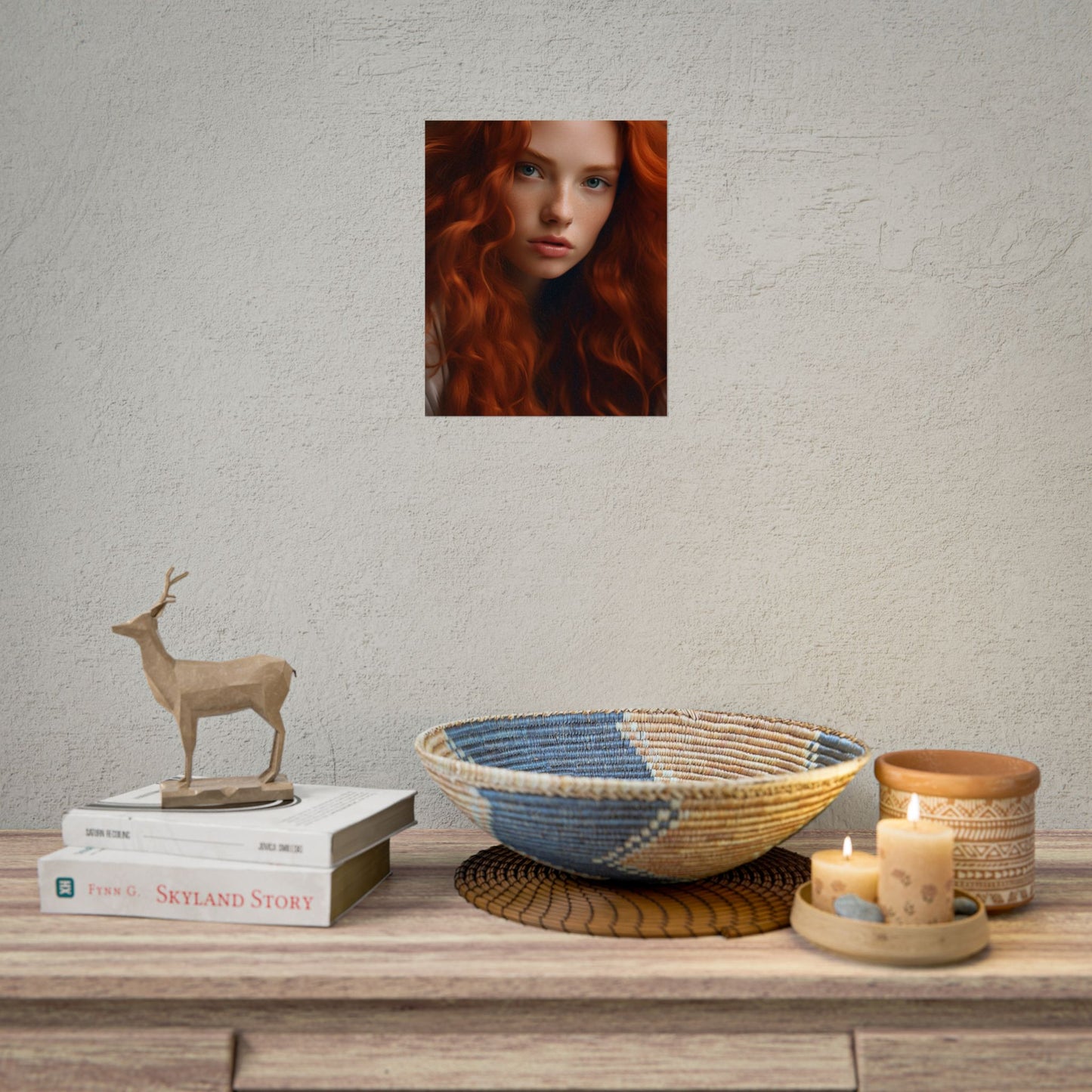 Feminine Portrait: Redheaded Woman in Light Blue - Poster