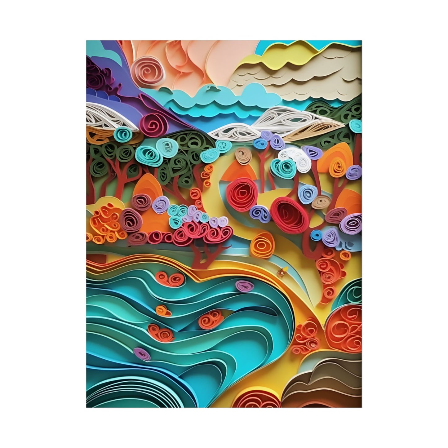 Paper Quilled Beach Bliss: Artistic Coastal Landscape - Poster