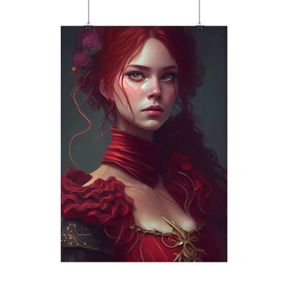 Vibrant Redhead Portrait: Female Artwork in Red Dress - Poster
