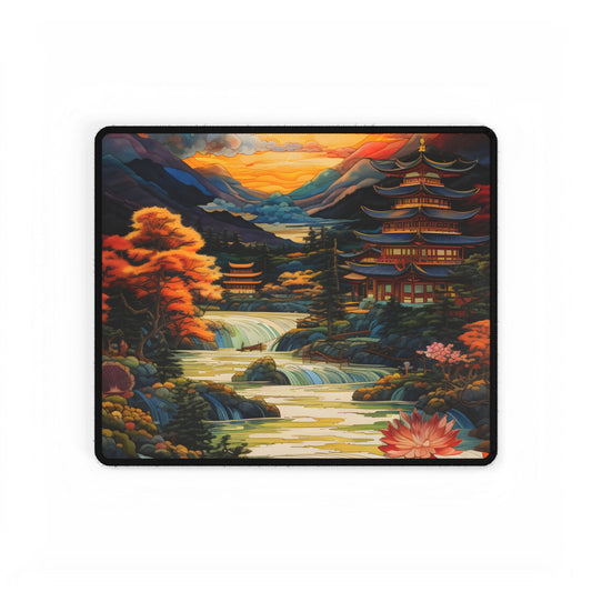 Peaceful Japanese River Landscape with Flowers: Serene Artwork - Desk Mat
