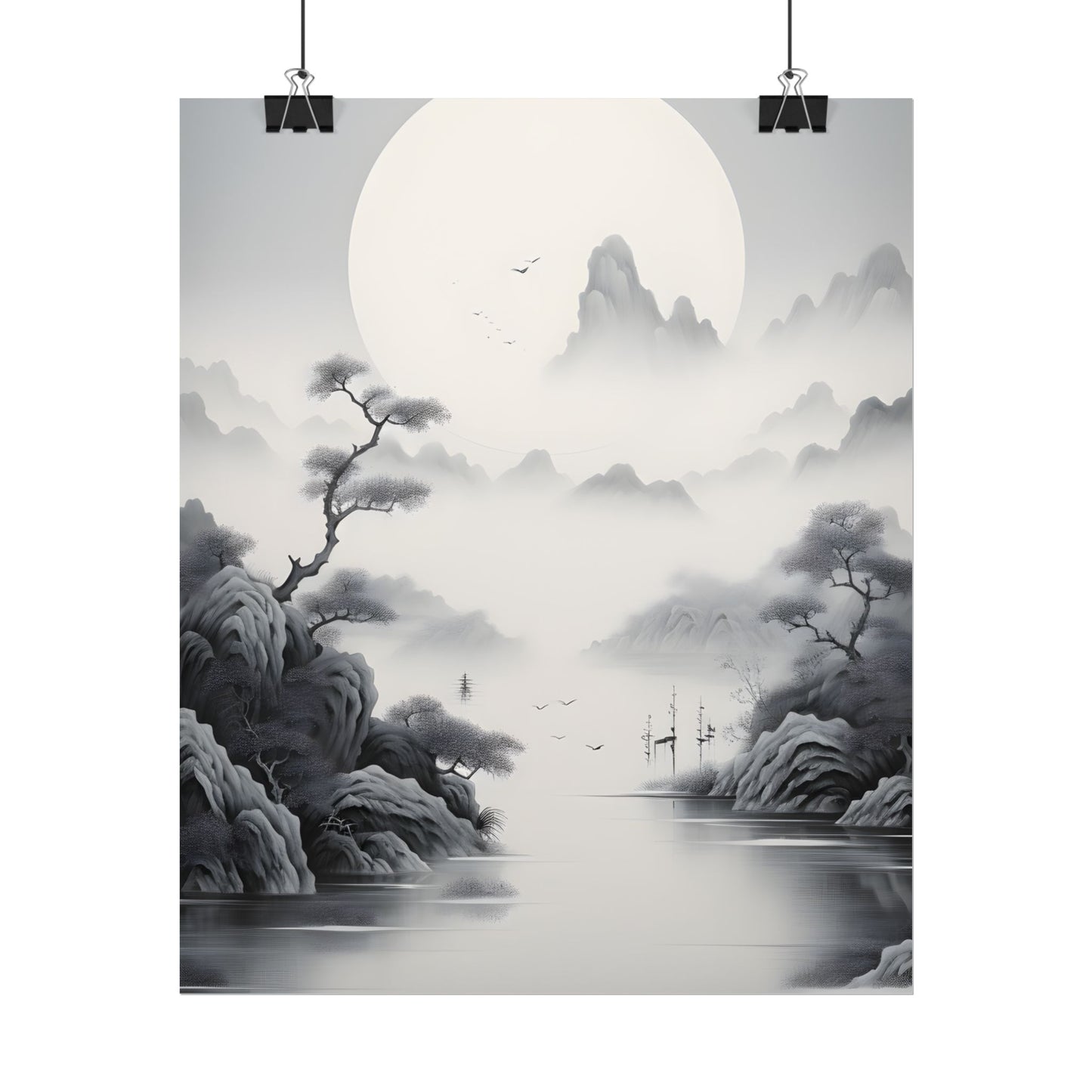 Chinese Ink Mirror Landscape: Serene Artwork - Poster