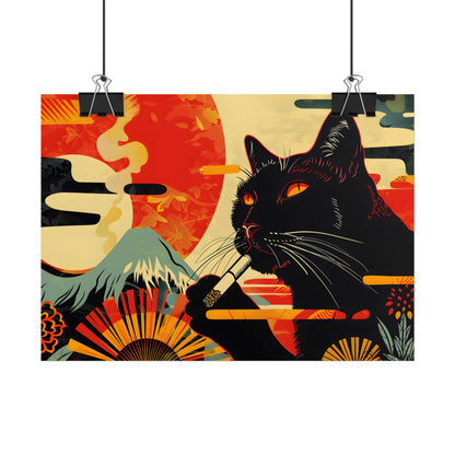 Whimsical Cat Smoking: Red & White Stripe Artwork - Poster