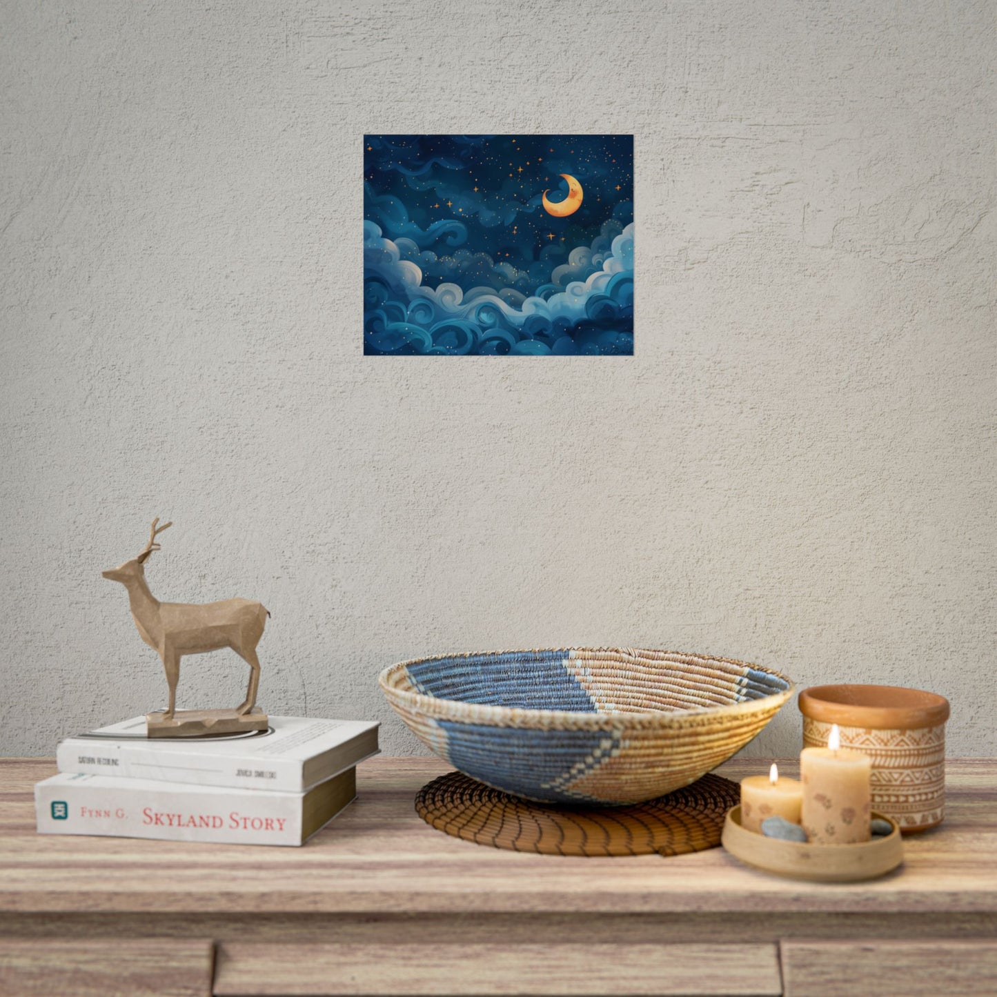 Surreal Night Sky Dreamscape: Whimsical Stars and Clouds Art - Poster
