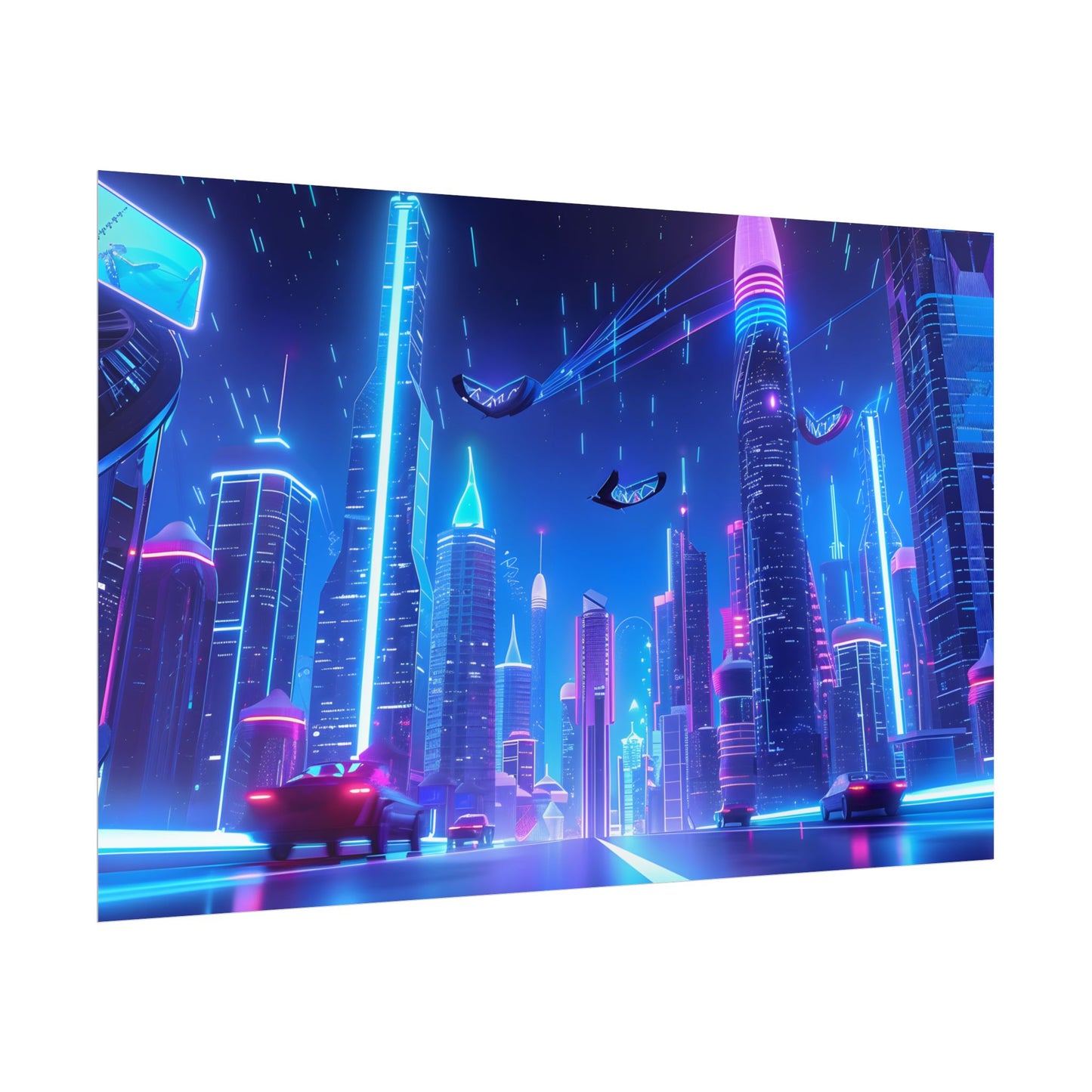 Vibrant Futuristic Cityscape: Neon Lights at Night Digital Artwork - Poster