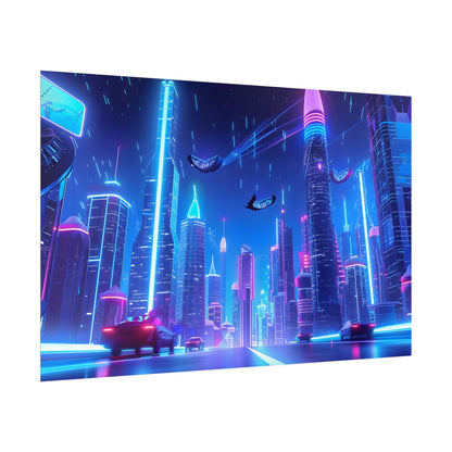Vibrant Futuristic Cityscape: Neon Lights at Night Digital Artwork - Poster